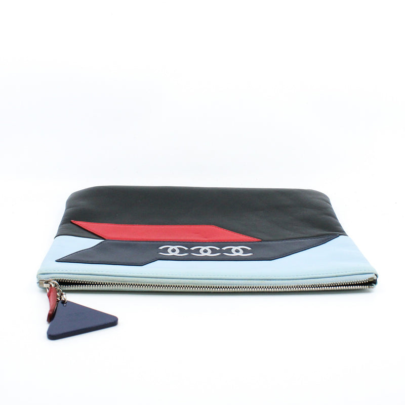 16P CC Logo Airline Pouch Lambskin Leather In Blue/Red/Black SHW