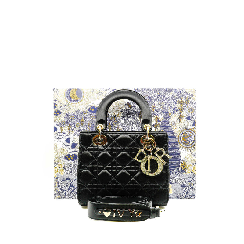 Small Black In Satin Lady Dior With Crystal Buckle GHW With Strap - L'UXE LINK