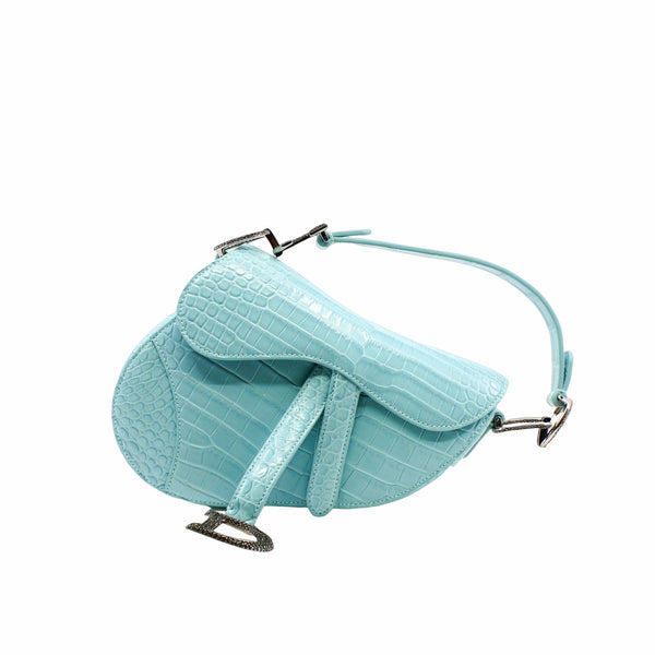 SADDLE BAG mini crocodile skyblue with black crystal buckle phw - L'UXE LINK