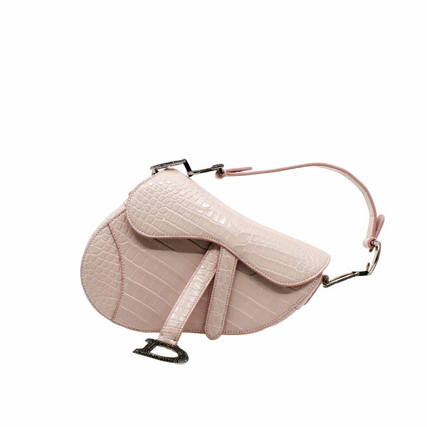 SADDLE BAG MINI CROCODILE pink WITH BLACK CRYSTAL hardware - L'UXE LINK