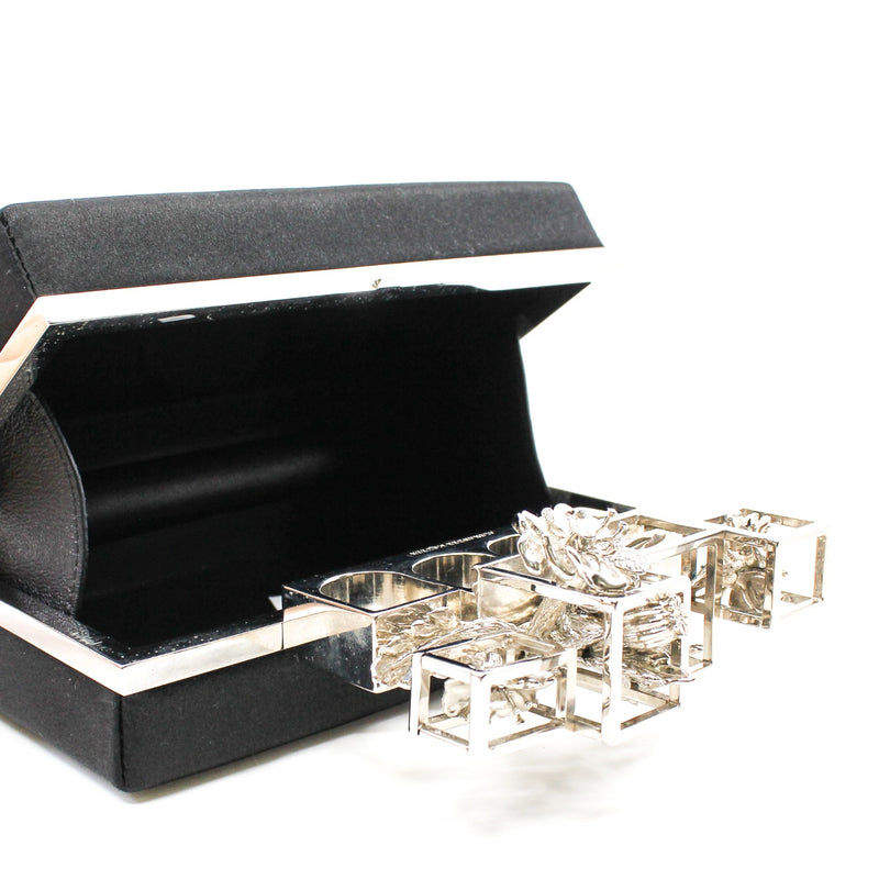 black box satin crystal silver handle clutch