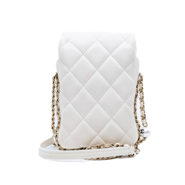 cf vertical chain around side flap with pearl chain in lambskin white ghw seri #29 - L'UXE LINK