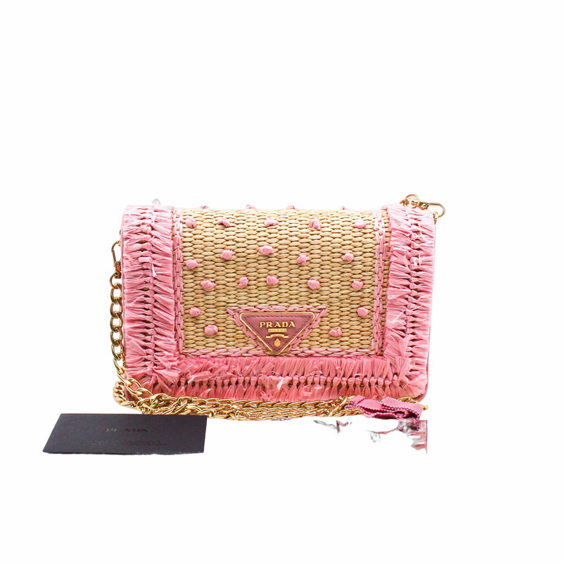 Straw Embroidered Small Shoulder Bag Naturale Astrale Pink ghw - L'UXE LINK