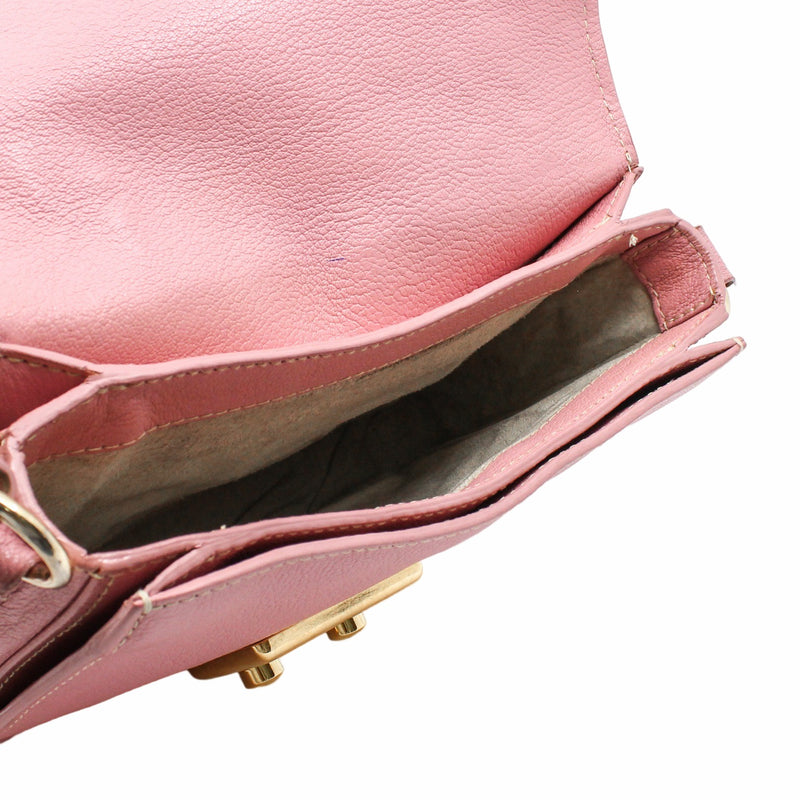 Push Lock Flap Top Handle Bag Madras Leather Pink   GHW