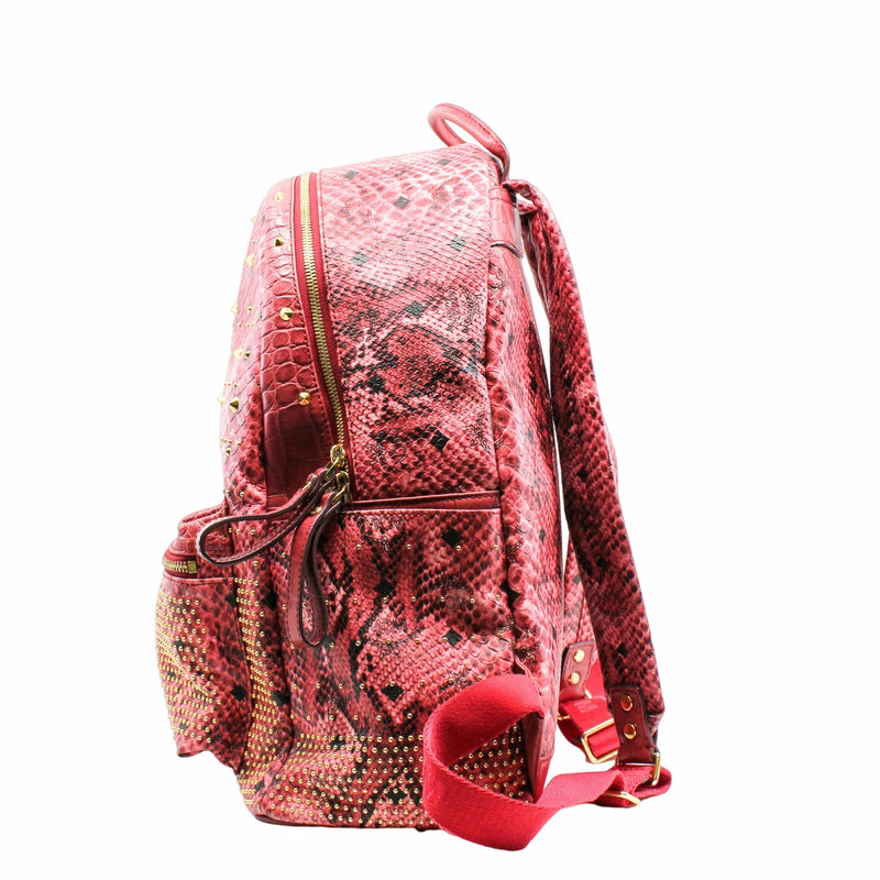 Backpack Medium Snakeskin Embossed Visetos Studded  Stark  Red Pink