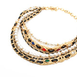 thumbnail pearl mix leather gold three lines necklace - L'UXE LINK