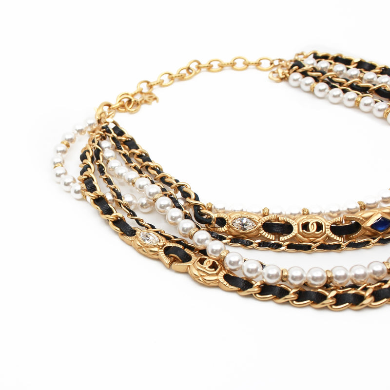 pearl mix leather gold three lines necklace - L'UXE LINK