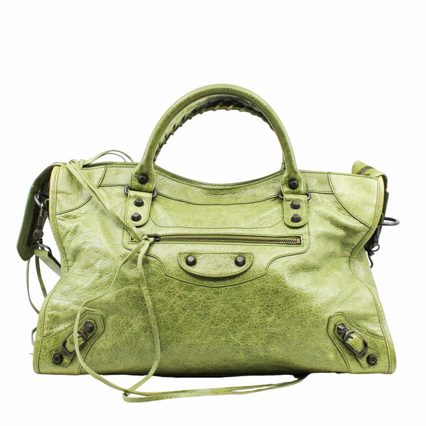 CITY CLASSIC STUDS BAG MEDIUM LEATHER GREEN ANTIQUE BRASS HARDWARE - L'UXE LINK