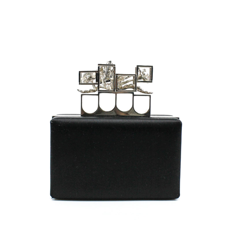 black box satin crystal silver handle clutch