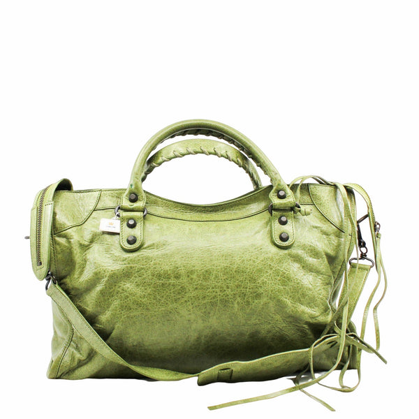 CITY CLASSIC STUDS BAG MEDIUM LEATHER GREEN ANTIQUE BRASS HARDWARE - L'UXE LINK