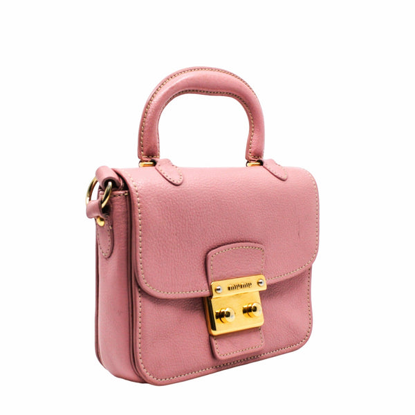 Push Lock Flap Top Handle Bag Madras Leather Pink   GHW