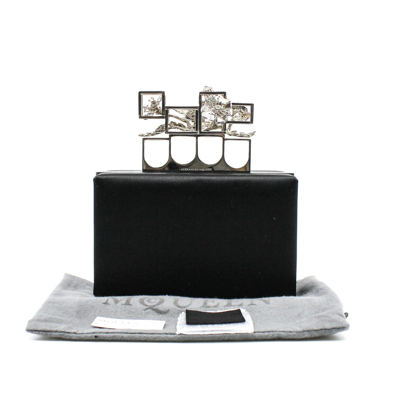 black box satin crystal silver handle clutch