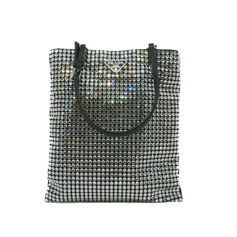 small tote with handle  with crystal in leather black - L'UXE LINK