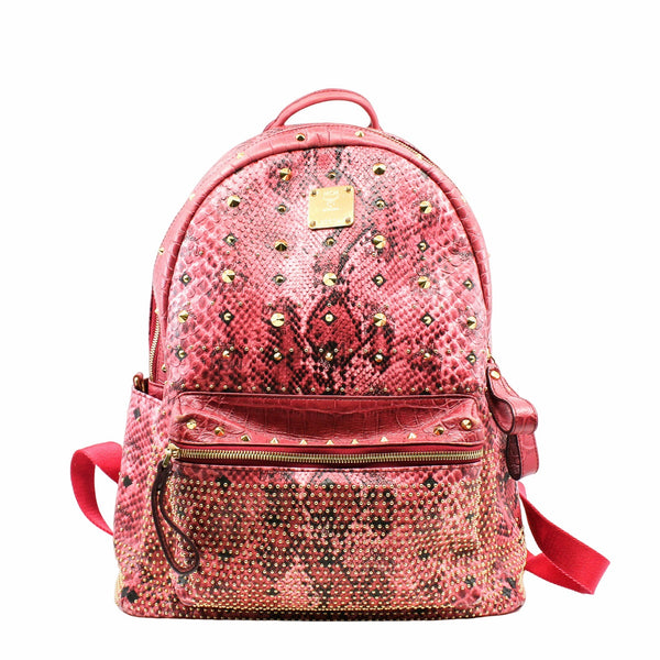 Backpack Medium Snakeskin Embossed Visetos Studded  Stark  Red Pink