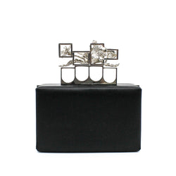 black box satin crystal silver handle clutch