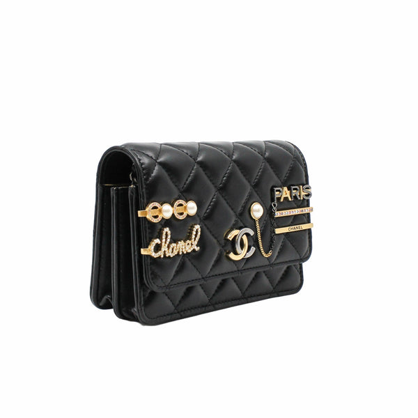 woc black lambskin with coco chanel paris logo stamp pearl mix gold black hardware seri 31