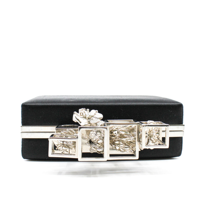 black box satin crystal silver handle clutch