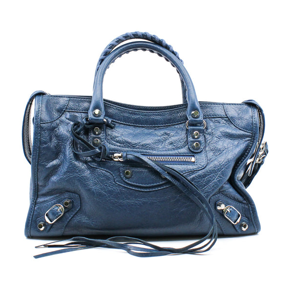 CITY CLASSIC STUDS BAG SMALL METALLIC LEATHER BLUE ANTIQUE BRASS - L'UXE LINK