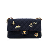 thumbnail medium cf navy fabric mix black lambskin anchor ship sailor red leather inside with red leather metal chain ghw seri 26 - L'UXE LINK