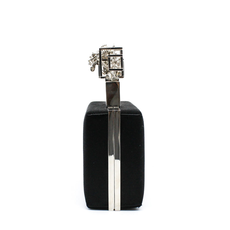 black box satin crystal silver handle clutch