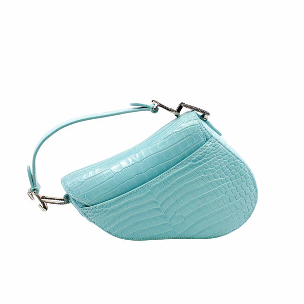 SADDLE BAG mini crocodile skyblue with black crystal buckle phw - L'UXE LINK