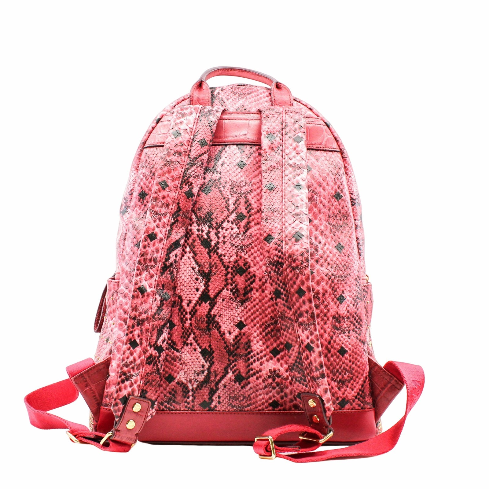 Backpack Medium Snakeskin Embossed Visetos Studded Stark Red Pink L UXE LINK