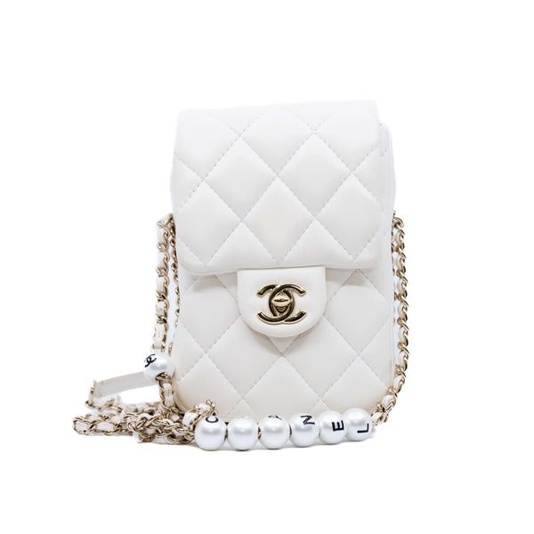 cf vertical chain around side flap with pearl chain in lambskin white ghw seri #29 - L'UXE LINK