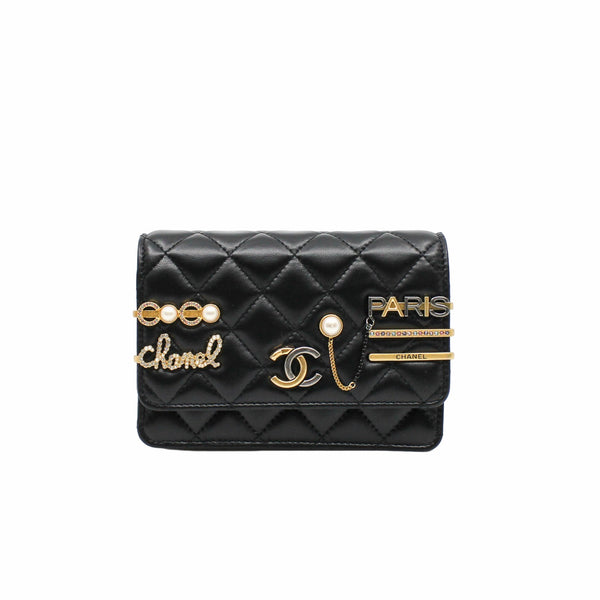 woc black lambskin with coco chanel paris logo stamp pearl mix gold black hardware seri 31